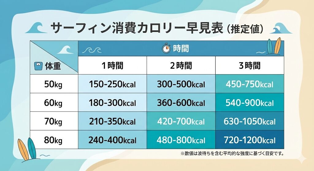 【時間・体重別】サーフィンの消費カロリー早見表!1時間〜3時間の数値を徹底解説