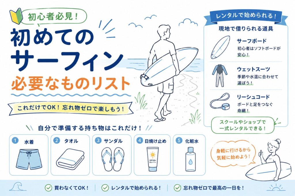 【初心者必見】初めてのサーフィン 必要なものリスト