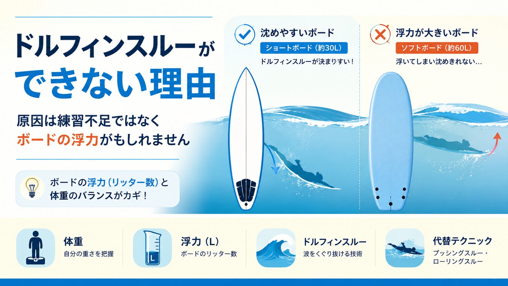 ドルフィンスルーができない理由をショートボードとソフトボードの浮力比較で示したアイキャッチ画像