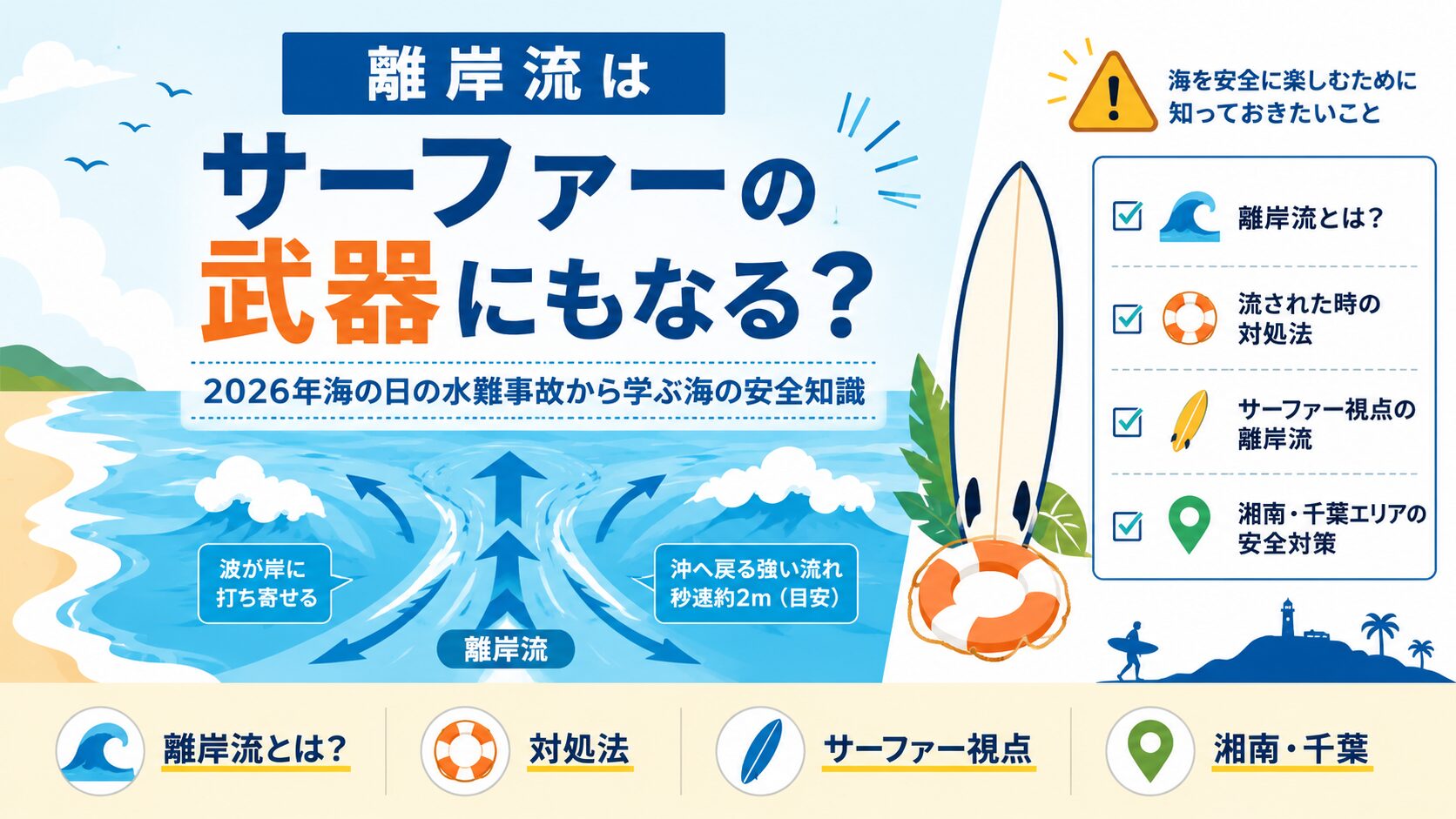 離岸流はサーファーの武器にもなる？2026年海の日の水難事故から学ぶ海の安全知識のアイキャッチ画像
