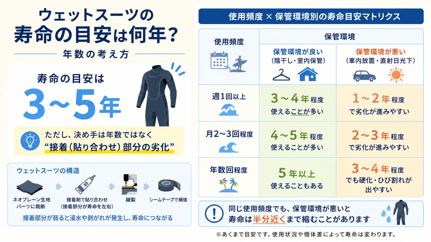 使用頻度×保管環境別のウェットスーツ寿命目安マトリクス表