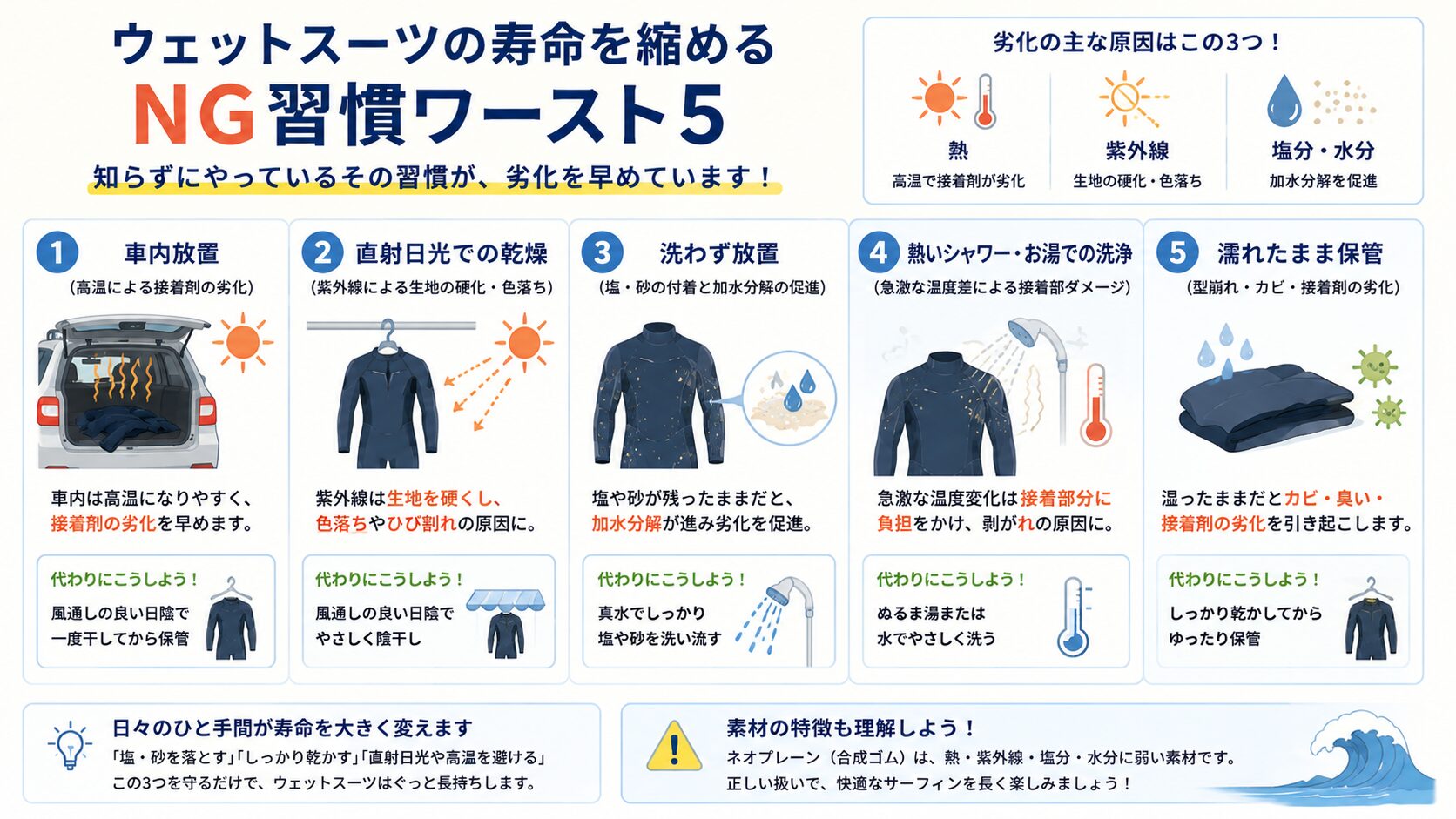 ウェットスーツの寿命を縮めるNG習慣ワースト5(車内放置・直射日光乾燥・洗わず放置・熱いシャワー・濡れたまま保管)と対処法