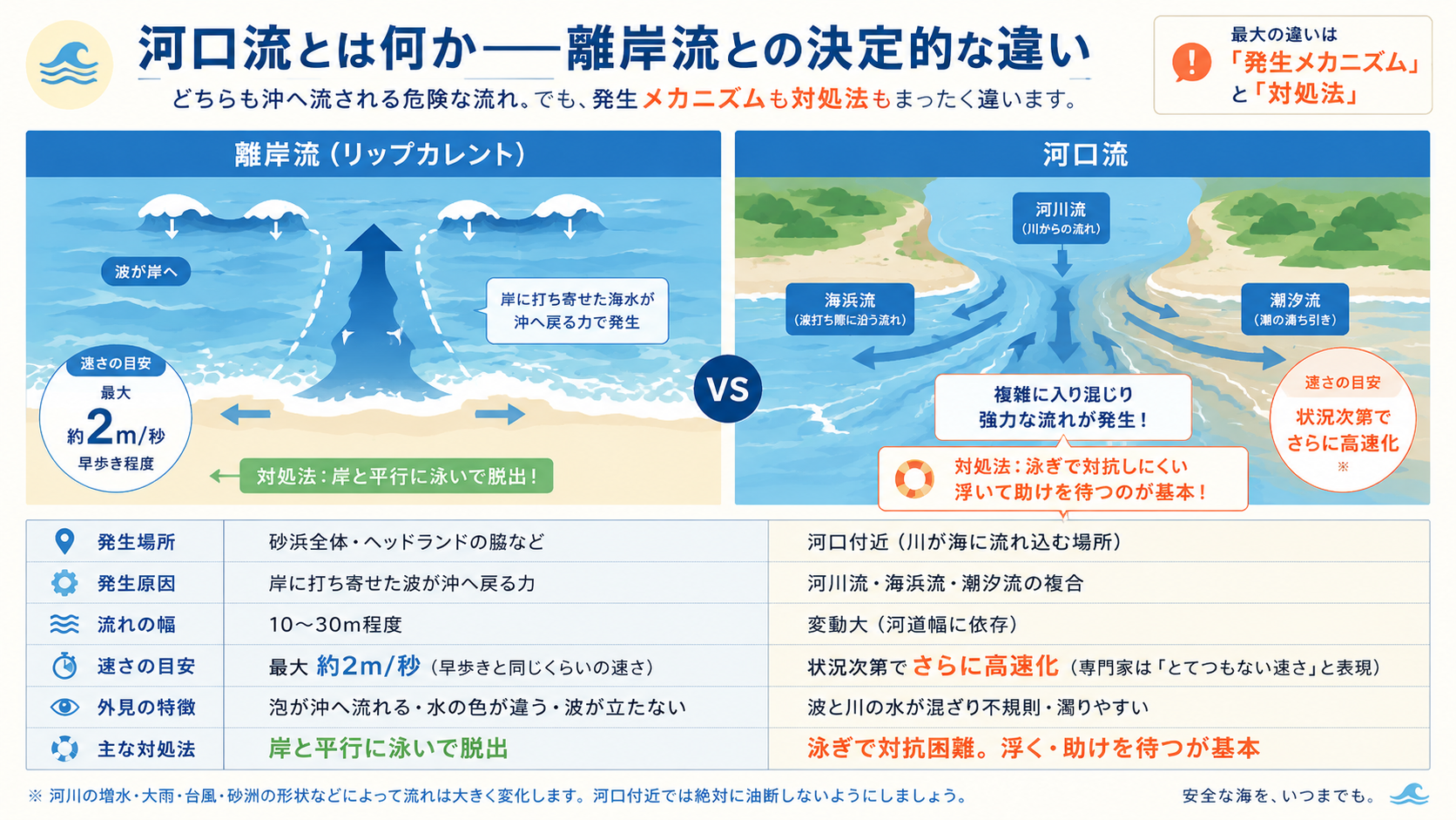 離岸流と河口流の発生場所・発生原因・速さ・対処法を比較した図解