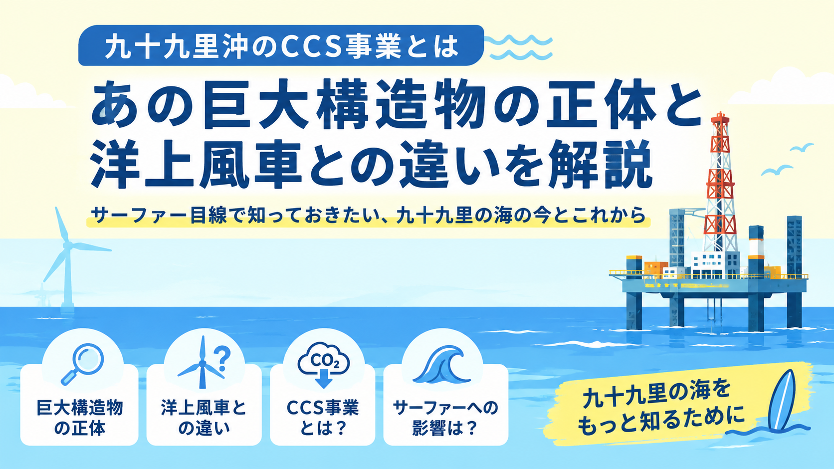 九十九里沖のCCS事業とは｜あの巨大構造物の正体と洋上風車との違いを示すアイキャッチ画像