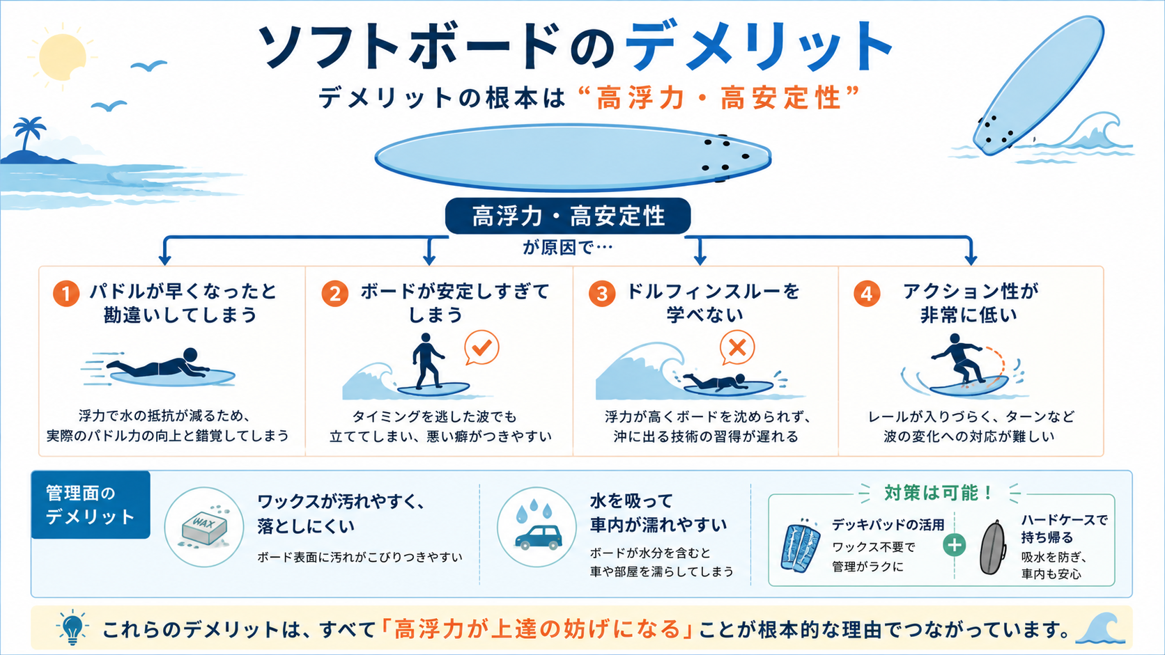 ソフトボードのデメリット4つが高浮力・高安定性という根本原因でつながっていることを示す図解