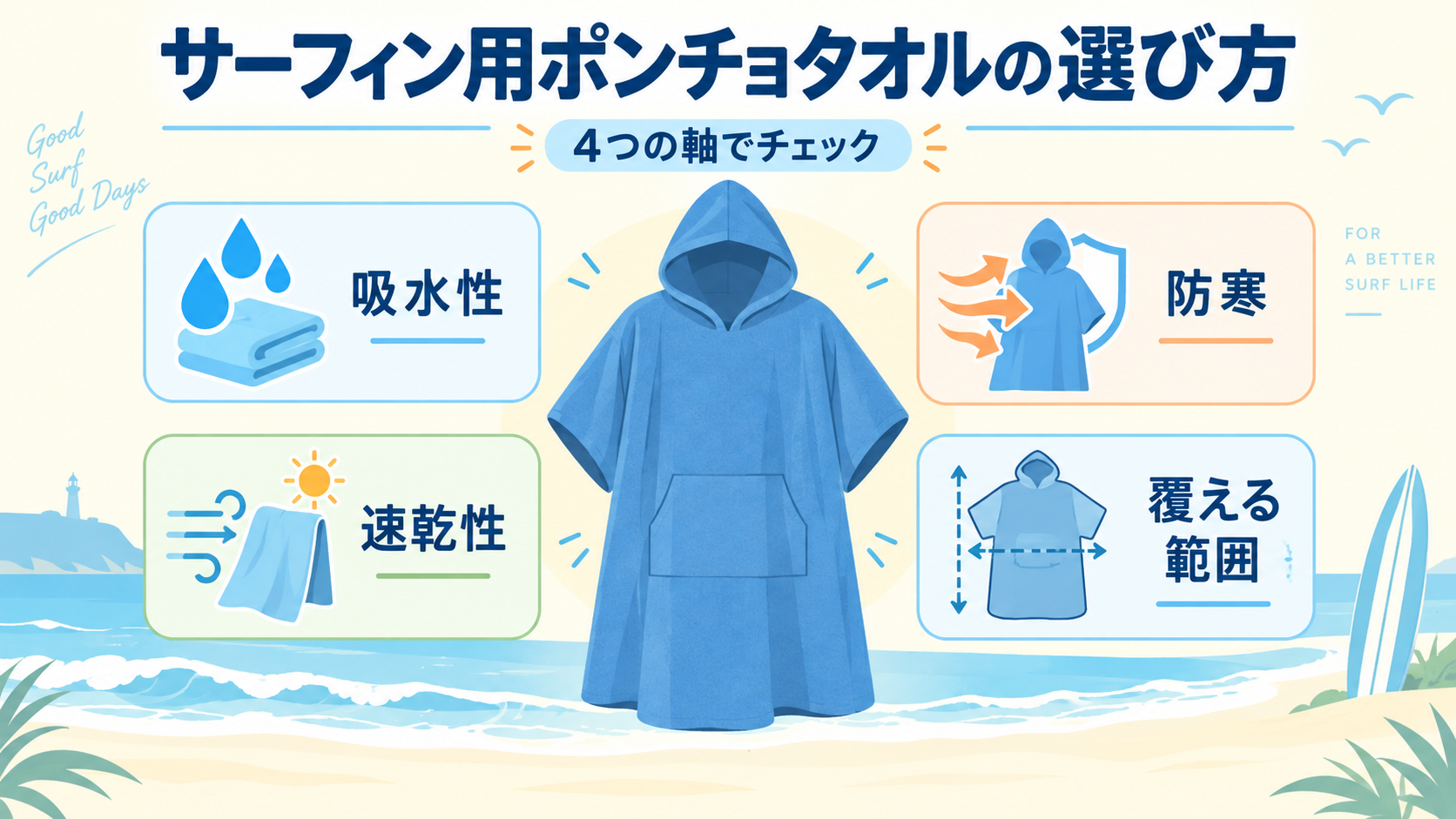 サーフィン用ポンチョタオルを吸水性・防寒・速乾性・覆える範囲の4つの軸で選ぶことを示すアイキャッチ画像