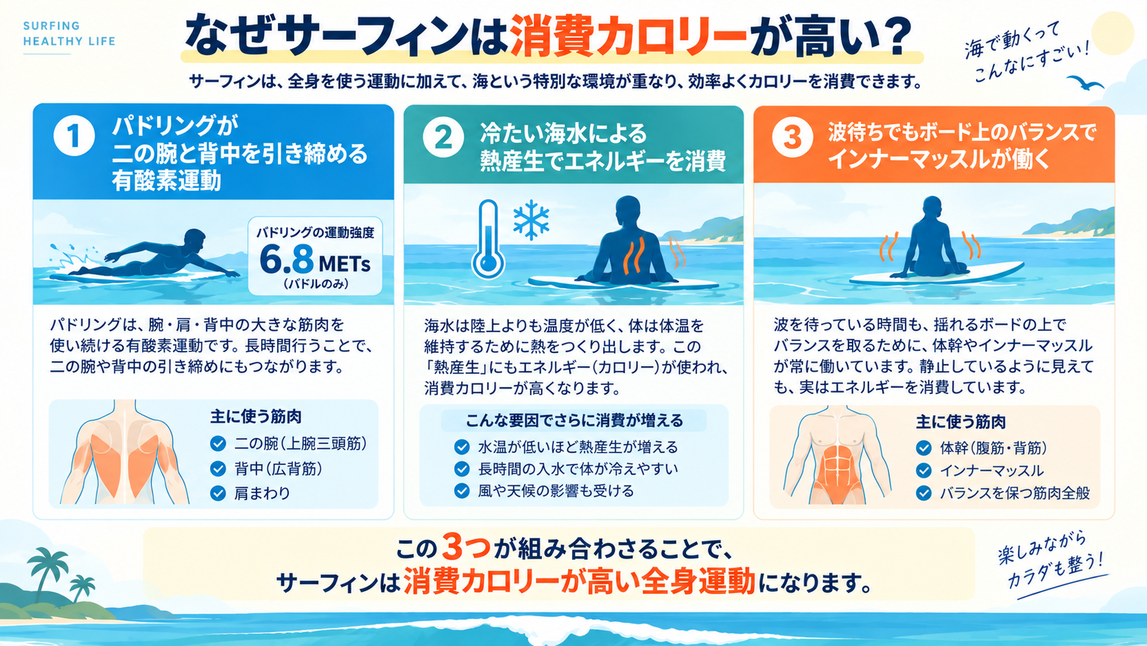 サーフィンの消費カロリーが高い3つの理由(パドリング・冷水の熱産生・ボード上のバランス)の図解