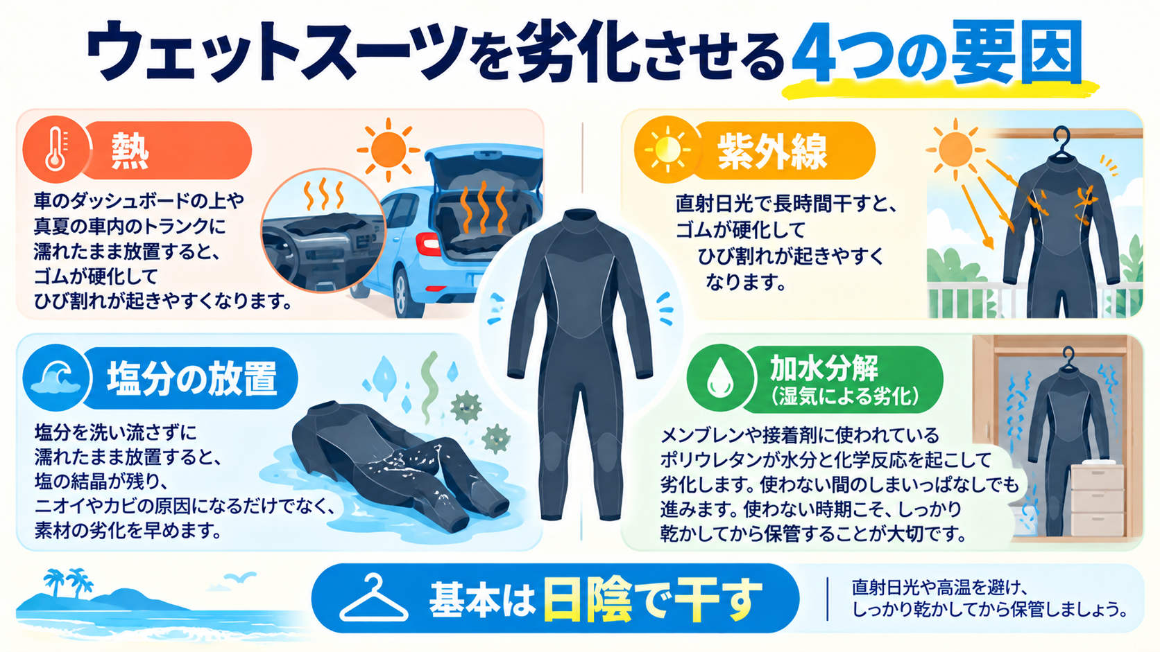 熱・紫外線・塩分の放置・加水分解の4つがウェットスーツを劣化させる要因であることを示した図解