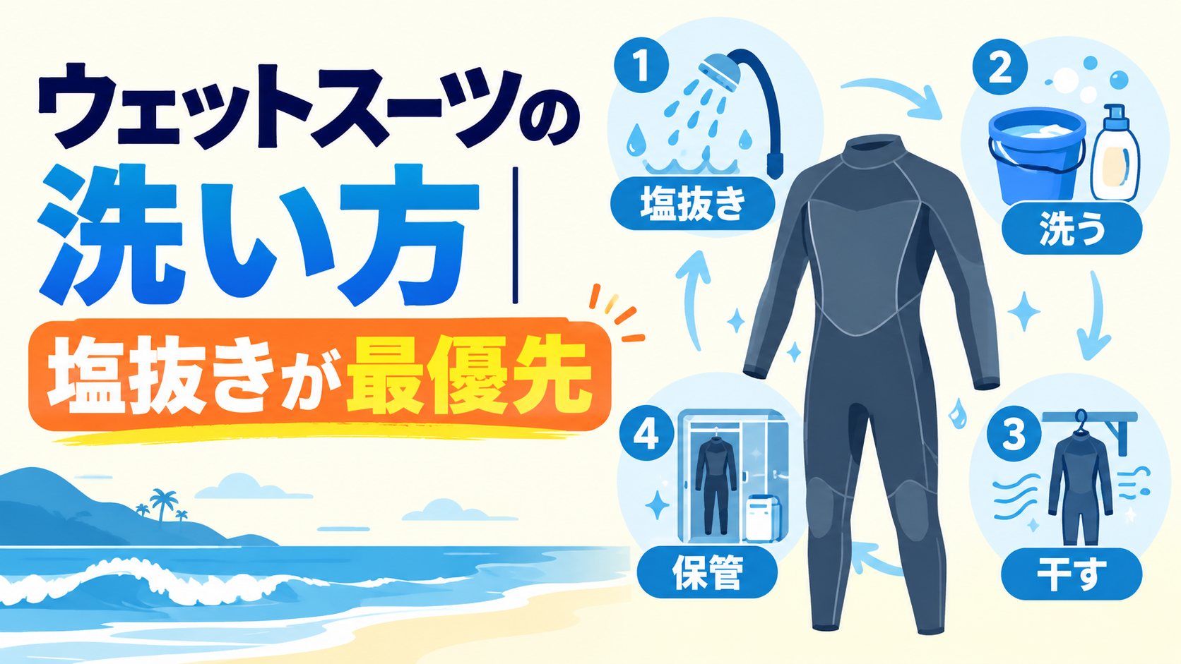 ウェットスーツの洗い方｜塩抜きが最優先。塩抜き・洗う・干す・保管の4ステップを示した図解